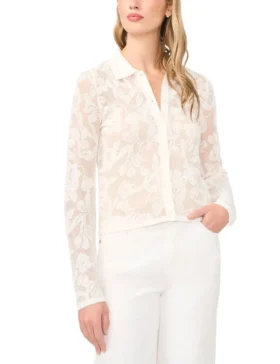 ALBERTA Floral Mesh Knit Button-Up Top