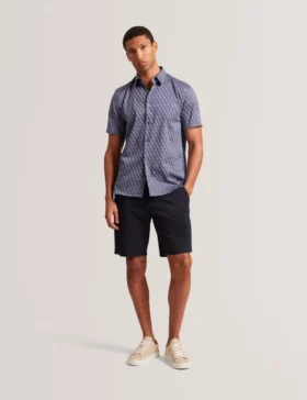 ALPHSHO Geometric Print Pure Cotton Short Sleeve Shirt