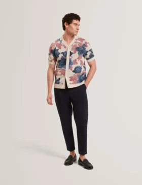 ASHQARA Shaded Floral Knit Button-Through Polo Shirt