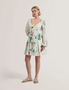 BELVIDA Floral Crochet Trim Linen Mini Dress