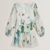 BELVIDA Floral Crochet Trim Linen Mini Dress