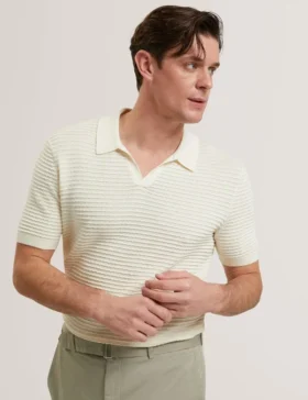 BESTEL Short Sleeve Wavy Stitch Open Neck Polo