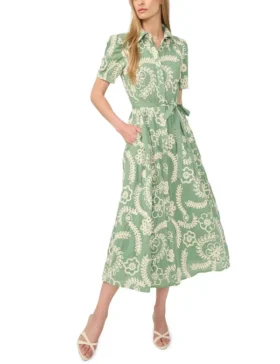 CAMILE Raised Embroidery Cotton Midi Shirt Dress