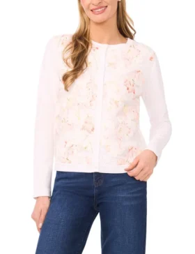 CASSIA Floral Overlay Crew Neck Cardigan