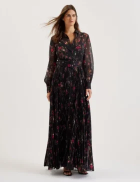 CEIBA Floral Print Pleated Maxi Shirt Dress