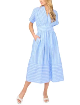 CHARLOTTE Striped Cotton V-Neck Midi Dress