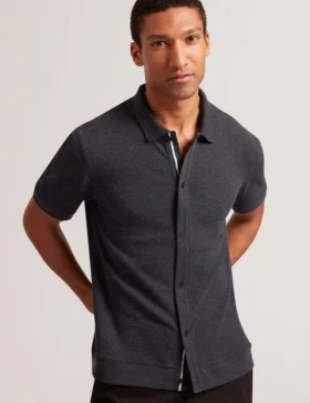CONNYR Textured Knit Button-Through Polo Shirt
