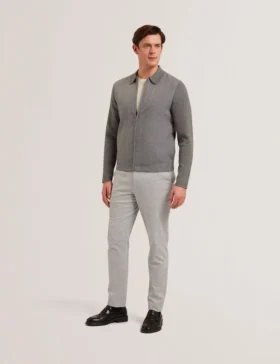 DEJO Herringbone Wool Blend Zip Up Cardigan