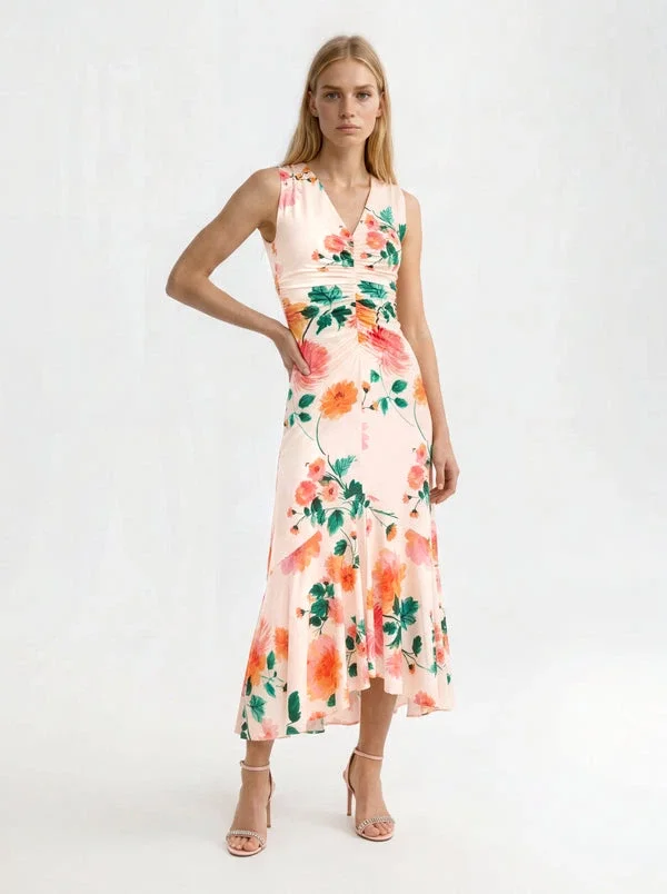 ELIZABETH Floral Ruched Front Sleeveless Midi Dress ELIZABETH Floral Ruched Front Sleeveless Midi Dress