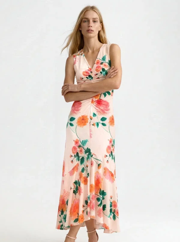 ELIZABETH Floral Ruched Front Sleeveless Midi Dress ELIZABETH Floral Ruched Front Sleeveless Midi Dress