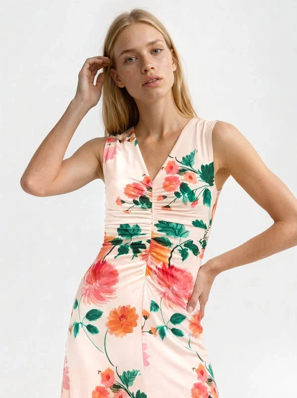 ELIZABETH Floral Ruched Front Sleeveless Midi Dress ELIZABETH Floral Ruched Front Sleeveless Midi Dress