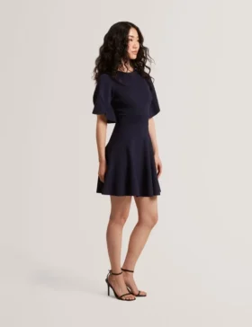 FLARE SHORT SLEEVE CREW NECK MINI DRESS Navy