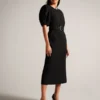 GABYELA Structured Puff Sleeve Midi Dress With Belt