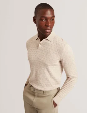 GATEN Branded Texture Knit Long Sleeve Polo