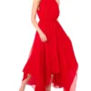 HALTER NECK HANKERCHIEF HEM MIDI DRESS Red