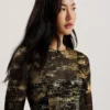 JUNHAA Foil Print Long Sleeve Mesh Midi Dress