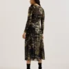 JUNHAA Foil Print Long Sleeve Mesh Midi Dress