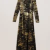 JUNHAA Foil Print Long Sleeve Mesh Midi Dress