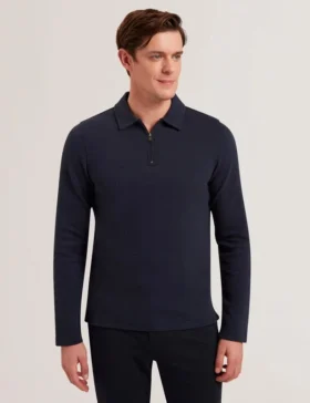KALEND Herringbone Zip Neck Long Sleeve Polo