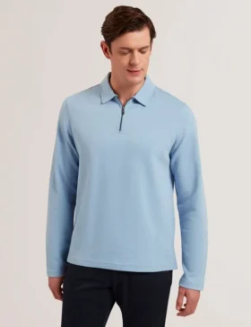 KALEND Herringbone Zip Neck Long Sleeve Polo