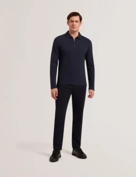 KALEND Herringbone Zip Neck Long Sleeve Polo