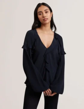 KAYFA Waterfall Ruffle Trim Long Sleeve Blouse