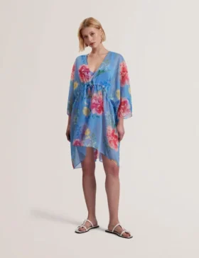 LARJA Floral Print Chiffon Mini Beach Kaftan