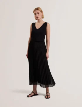 LARNAHH Pleated Midi Dress With Removable Knit Tank