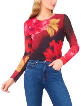 LONG SLEEVE MESH TOP Red