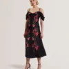 LUCERN Floral Satin Off Shoulder Bias Midi Dress