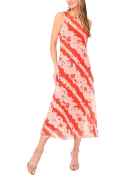 MARIELLA Floral Stripe Sleeveless Mesh Midi Dress