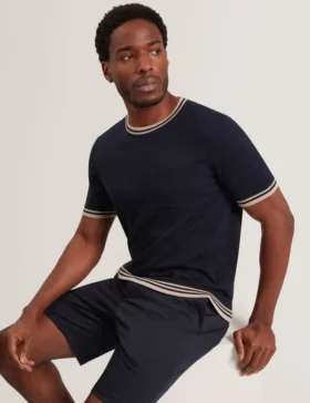 MELOP Striped Trim Linen Blend Knit T-Shirt
