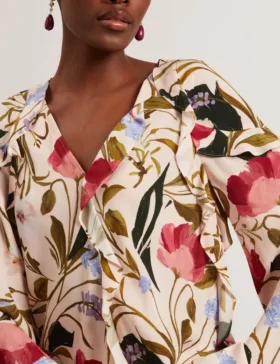 MINASA Floral Print Frill Trim Long Sleeve Blouse