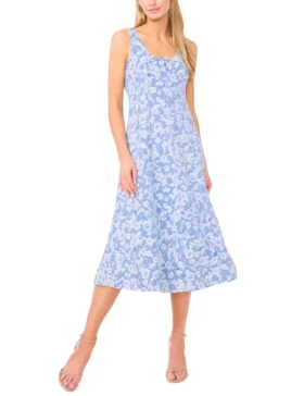 NARA Floral Denim Scoop Neck Midi Dress