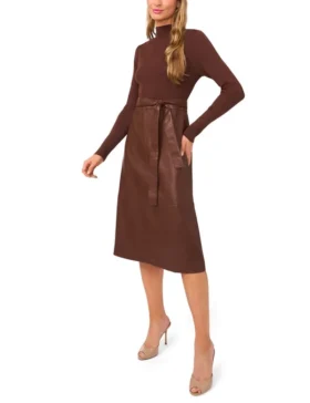 ONEIDA Mock Neck Midi Dress with Faux Leather Skirt