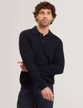 OSAKA Basket Texture Silk Blend Long Sleeve Polo