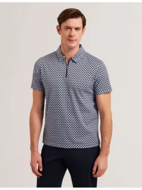 OUNSLO Printed Zip Neck Cotton Polo Shirt