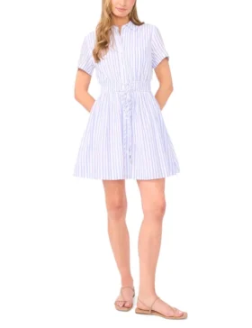 PRENTISS Striped Cotton Drawstring Mini Shirt Dress