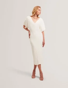 REBEXXA Wide Sleeve Knitted Bodycon Midi Dress