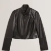 RIYOZE Wrap Front Cropped Leather Jacket