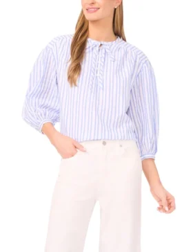 ROCHELLE Striped Volume Sleeve Cotton Blouse