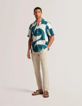ROLDAN Short Sleeve Oversized Linen Blend Swirl Print Shirt