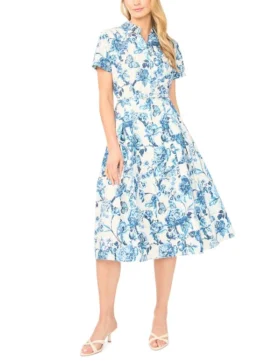 RORY Cotton Floral Belted Midi Shirt Dress