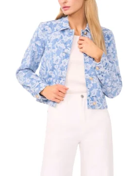 ROSET Floral Print Cropped Denim Jacket