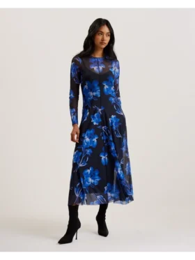 ROZEEN Mesh Long Sleeve Printed Dress
