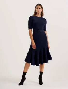 SAMALEE Flippy Hem Knitted Midi Dress With Belt