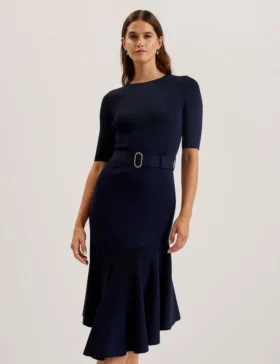 SAMALEE Flippy Hem Knitted Midi Dress With Belt