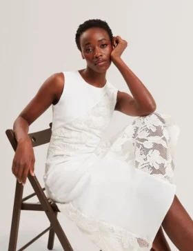SLEEVELESS LACE APPLIQUE MIDI DRESS White