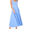 SLEEVELESS V-NECK PLEATED MAXI DRESS Mid-Blue