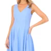 SLEEVELESS V-NECK PLEATED MAXI DRESS Mid-Blue